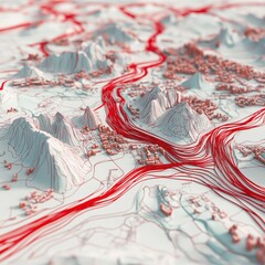Poster - City map illustration shows urban landscape with red lines indicating transportation routes. Mountains, city buildings detailed. Lines show urban network, potential traffic flow patterns. Red lines
