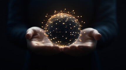 Aufkleber - Businessman showcasing a luminous global network sphere, symbolizing worldwide communication and interconnectedness