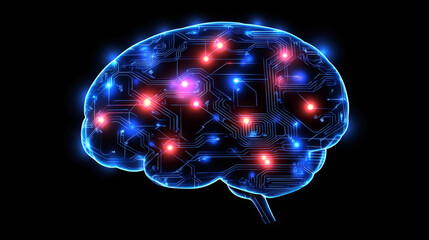 Poster - glowing blue brain with integrated circuit board showing data processing, symbolizing artificial int