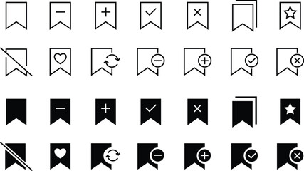 Poster - Set of Bookmark, Favourite Line, flat Vectors Icons. Premium Quality Design Elements For Mobile app and Website. Save ribbon icon button isolated on transparent background. Social media and ui symbol.