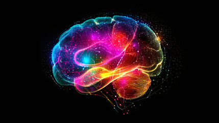 Poster - Vibrant polygonal human brain glowing with intelligence, creativity, and innovation on a dark background