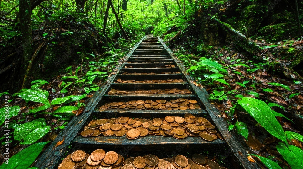 Pathway paved with coins leading up a mountain, steady journey ...