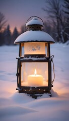 Wall Mural - Glowing Snow Lantern with Candle in Soft, Untouched Snow at Night