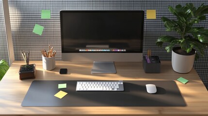 Poster - Compact office workstation with a desktop monitor, keyboard, mousepad, and motivational sticky notes, isolated on transparent