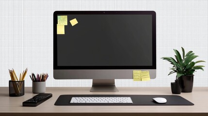 Poster - Compact office workstation with a desktop monitor, keyboard, mousepad, and motivational sticky notes, isolated on transparent