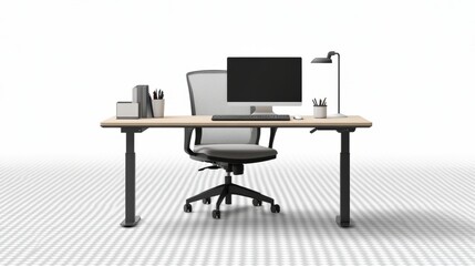 Poster - Ergonomic desk setup with an adjustable office chair, laptop, ergonomic keyboard, and wrist rest, on a transparent background