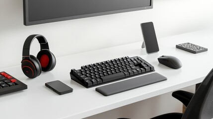 Poster - Organized office desk with a wireless keyboard, mouse, headphones, and smartphone on a clean white desk, transparent background