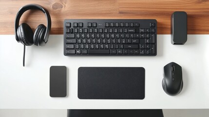 Poster - Organized office desk with a wireless keyboard, mouse, headphones, and smartphone on a clean white desk, transparent background