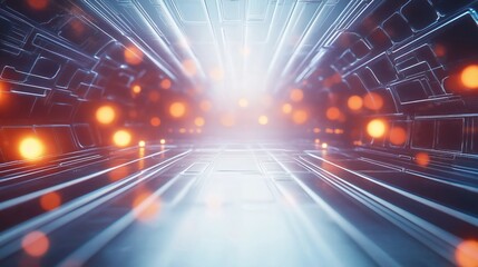 Poster - Futuristic tunnel with tech design elements. Abstract tech scene with light effects. Dynamic lines, glowing details. Modern space concept illustration. Possible use in tech brochures presentations.