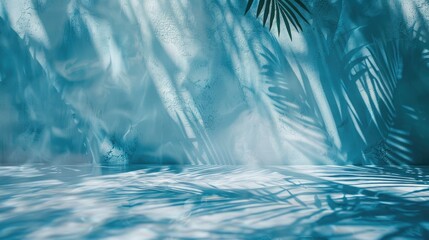 Wall Mural - Texture of Water Surface on Blue Studio Wall with Palm Leaves Shadow, Podium Display, Winter Cosmetic Concept