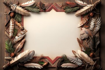 Natural Elements Frame with Colorful Feathers and Plants on Wooden Surface for Creative Design, Photography, or Art Projects with Earthy Background and Rustic Style