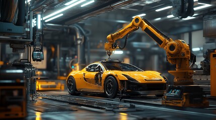 Poster - Robotic arm assembling yellow sports car on assembly line.