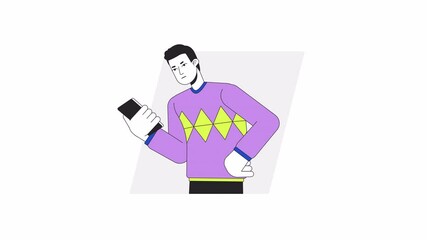 Poster - Angry caller looking at phone cartoon animation. Bad experience with cellphone 4K video motion graphic. Irritated impatient man squeezing smartphone animated 2D character isolated on white background