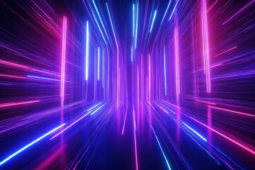 Poster - Abstract neon fiber optic lines create dynamic tech background. Vibrant purple, blue lights create exciting, futuristic scene. Photo perfect for modern tech, gaming, electronic music designs.