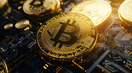 Leinwandbilder - Shiny golden bitcoin cryptocurrency coins lying on a computer motherboard, symbolizing the process of mining and the digital economy