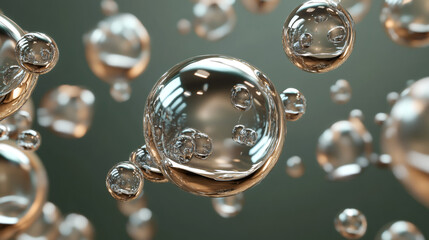 Poster - Mesmerizing visual of transparent bubbles floating and reflecting light against a green background