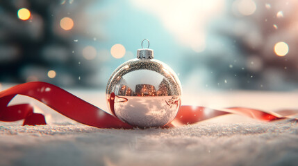 Aufkleber - Festive winter holidays greeting card with silver christmas ball, red ribbon, and falling snowflakes reflecting warm lights on snow