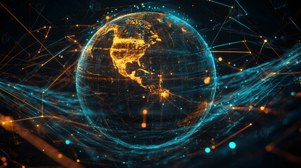 Poster - futuristic connections and data exchange on a global network with planet earth rotating in the backg