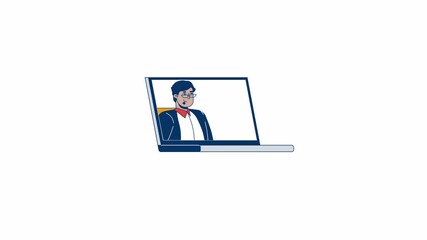 Poster - Middle eastern businessman talking on laptop screen 2D character animation. Videocall videoconference cartoon 4K video, alpha channel. Arab professional on device animated person on white background