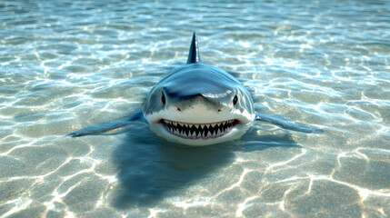 Aufkleber - Large shark with visible teeth swimming in shallow, clear water near the surface