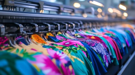 Poster - High-speed DTF printer producing multiple colorful t-shirts simultaneously, with detailed designs being applied to fabric