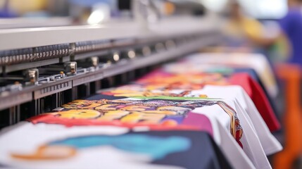 Poster - High-speed DTF printer producing multiple colorful t-shirts simultaneously, with detailed designs being applied to fabric