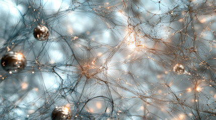 Poster - complex network of glowing fibers and metallic spheres forming an intricate and abstract structure, 
