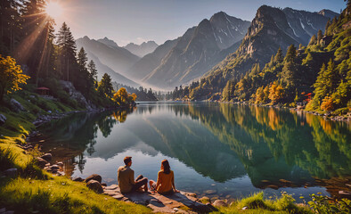 Fototapete - Couple is sitting on a rock by a lake. The lake is surrounded by mountains. The sun is shining on the water