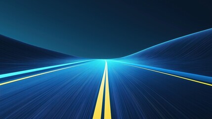 Poster - Abstract road illustration shows speed, tech future. Dynamic lines represent fast movement. Yellow lines indicate pathway. Dark blue shades create futuristic feeling. Suitable for tech presentations