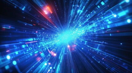 Poster - Abstract futuristic tech image shows light streaks, glowing shapes. Dynamic movement in space. Style suggests advanced tech concepts, innovations. Ideal for tech companies, futuristic themes,