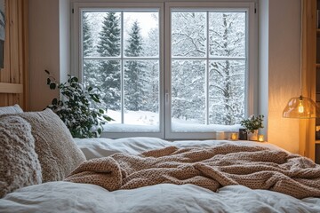 Poster - Cozy Winter Bedroom Scene With Snowy Window View