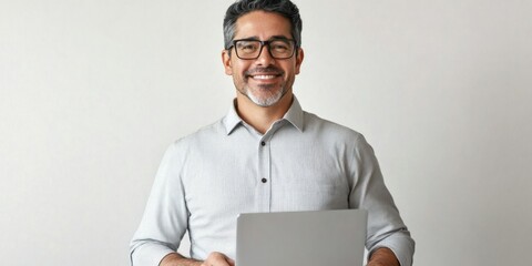 Wall Mural - Smiling Man with Glasses, Shirt, and Computer