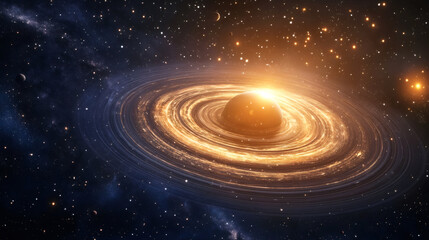 Fototapete - Highly detailed image of a beautiful exoplanet with glowing rings, surrounded by stars and distant galaxies