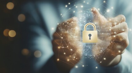 Poster - A person's hands gently cradle a glowing digital padlock, symbolizing data protection and cybersecurity in a futuristic setting.  The image evokes a sense of security and technological advancement.
