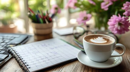 Poster - A cup of latte art coffee sits on a wooden desk next to a notebook filled with notes, creating a cozy and productive atmosphere.
