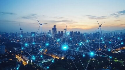 Poster - A futuristic cityscape at sunset, illuminated with a network of connections, showcasing wind turbines generating clean energy. A vision of sustainable urban development.