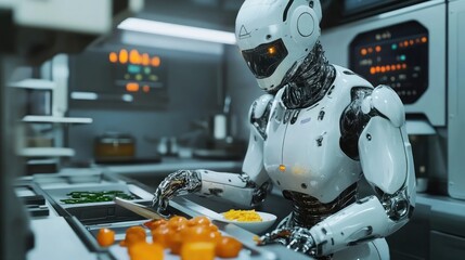 Poster - A futuristic kitchen scene where a humanoid robot meticulously prepares food. The robot's sleek design and the sterile environment contrast with the warm colors of the prepared meal.