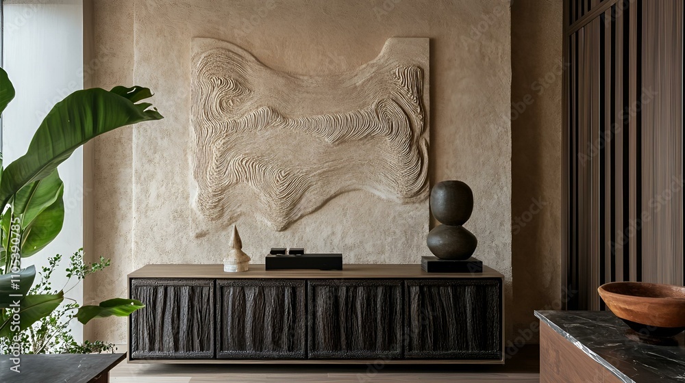 Curated visual reference: Gallery Detail: Minimalist Interior Carved Wood Cabinet Textured Sideboard Abstract