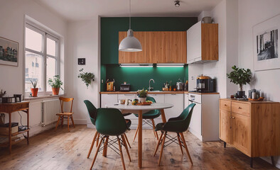 Poster - Kitchen with a table and chairs. The table is white and has a green chair. There are two other chairs in the room