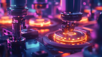 Poster - Close-up of futuristic robotic arms manipulating glowing circular components. Vivid pink and orange hues illuminate the scene, creating a high-tech, vibrant aesthetic.