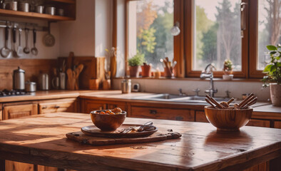 Poster - Wooden table with two bowls on it. One bowl is full of food and the other is empty