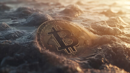 Aufkleber - Gold bitcoin coin found on beach at sunset, representing the unpredictable nature of the cryptocurrency market