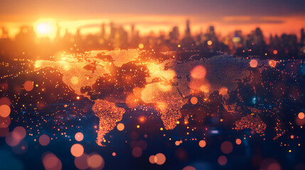 Aufkleber - Glowing world map highlighting global connectivity and international relations at sunset with a city skyline in the background