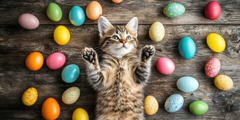 Poster - Easter bunny cat surrounded by vibrant Easter colored eggs on a rustic wooden background in a flat lay composition, capturing the playful essence of Easter in this delightful scene.