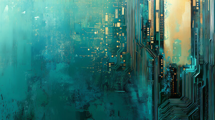 Poster - AI semiconductor or chip with thin line circuit on technology background. Blue green tech bg. Digital computer electronics concept. Artificial Intelligence banner. Futuristic vector illustration.