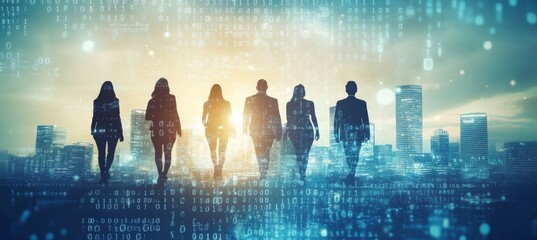 Group people standing front futuristic cityscape background is A of business