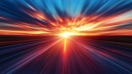 Poster - Blurry asphalt road leading to vibrant sunset with dramatic clouds and motion blur effect