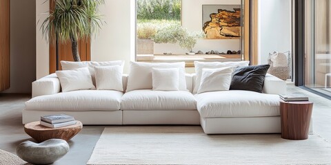 Poster - Panorama of a cozy white double sofa in a contemporary living room setting, showcasing the elegance and comfort of the white double sofa as a central feature of the room s design.