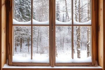 Poster - Snowy Winter Landscape Viewed Through Wooden Window