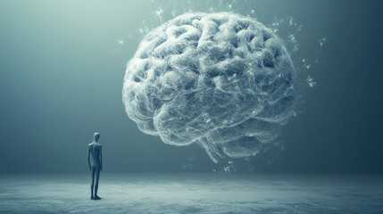 Leinwandbilder - Scientist looking at a giant digital brain made of a neural network, symbolizing artificial intelligence and deep learning